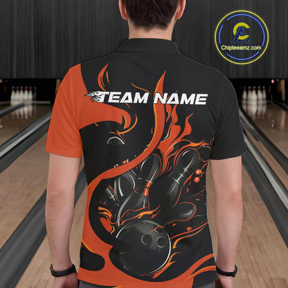 Custom Black And Orange Flame Bowling Polo Shirts For Men, Bowling Tournament Team Uniform IPHW9246