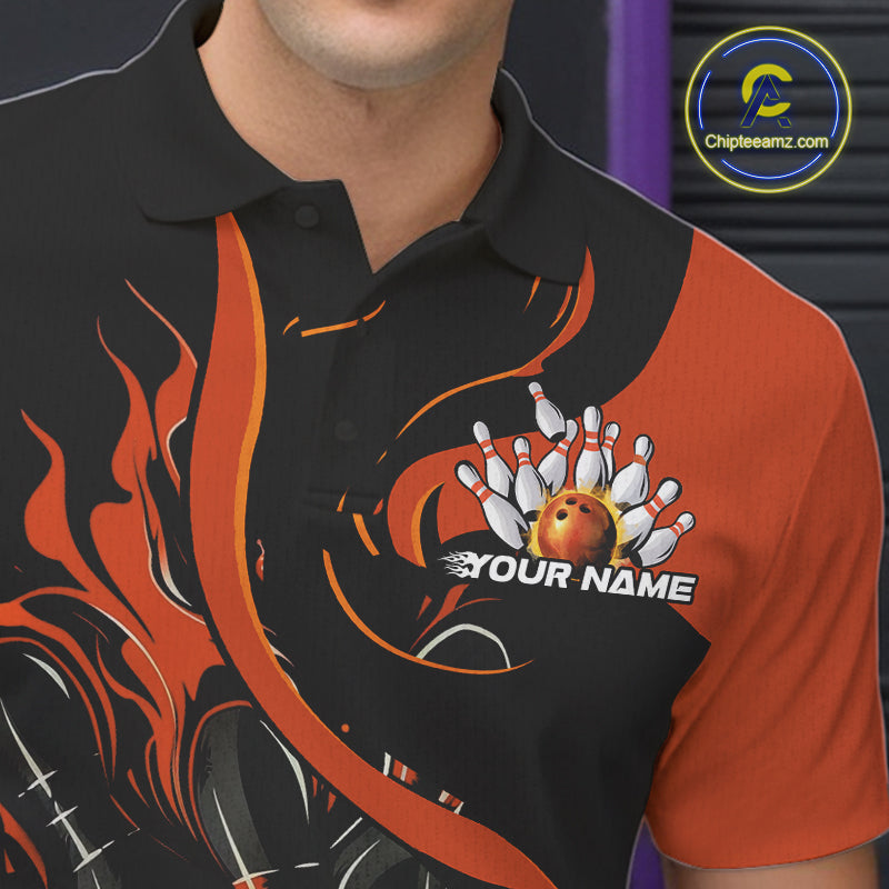 Custom Black And Orange Flame Bowling Polo Shirts For Men, Bowling Tournament Team Uniform IPHW9246