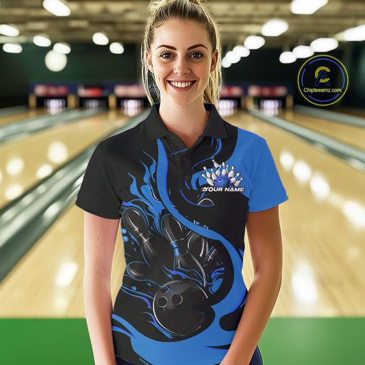 Custom Black And Blue Flame Bowling Polo Shirt For Women, Bowling Tournament Team Uniform IPHW9247