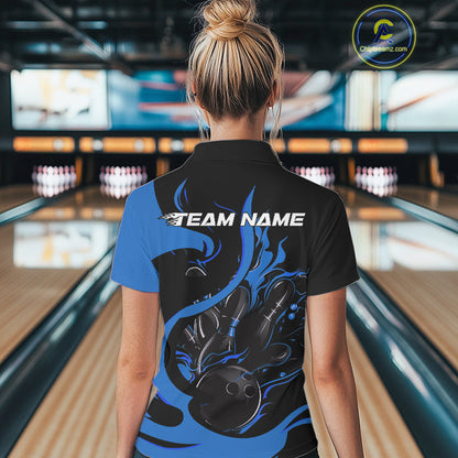 Custom Black And Blue Flame Bowling Polo Shirt For Women, Bowling Tournament Team Uniform IPHW9247