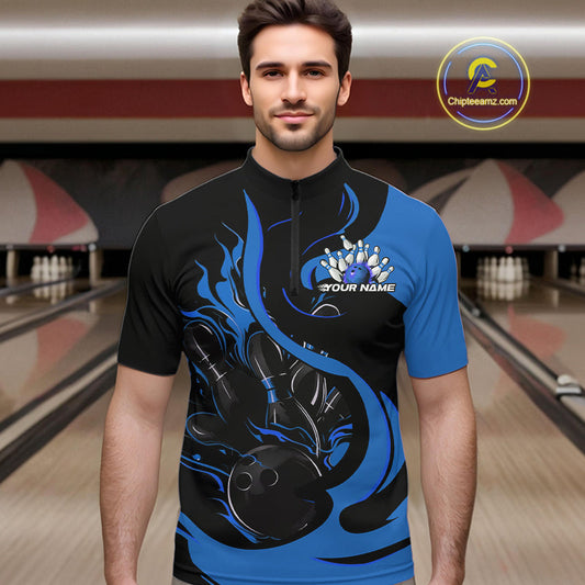 Custom Black And Blue Flame Bowling Quarter-Zip Shirts For Men, Bowling Tournament Team Uniform IPHW9247