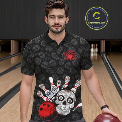 Custom Black And Red Sugar Skull Bowling Team Polo Shirts For Men, Bowling League Shirt IPHW9251