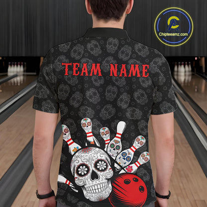 Custom Black And Red Sugar Skull Bowling Team Polo Shirts For Men, Bowling League Shirt IPHW9251
