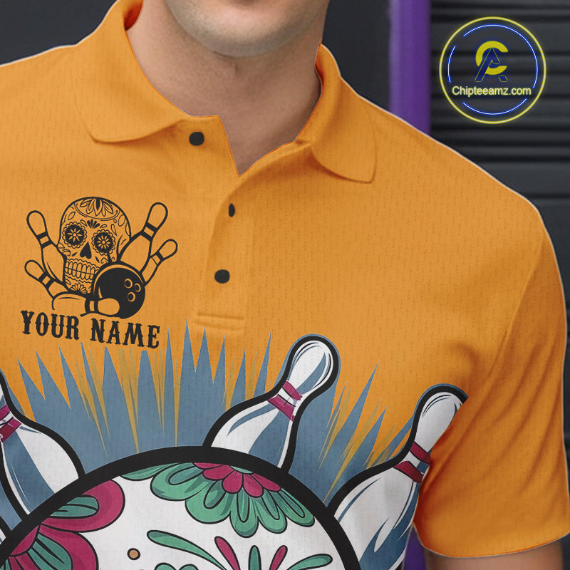 Custom Sugar Skull Bowling Polo Shirts For Men, Halloween Bowling Team Outfit IPHW9253