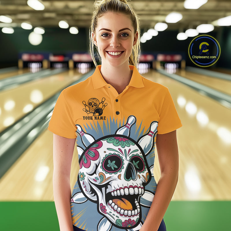 Custom Sugar Skull Bowling Polo Shirts For Women, Halloween Bowling Team Outfit IPHW9253