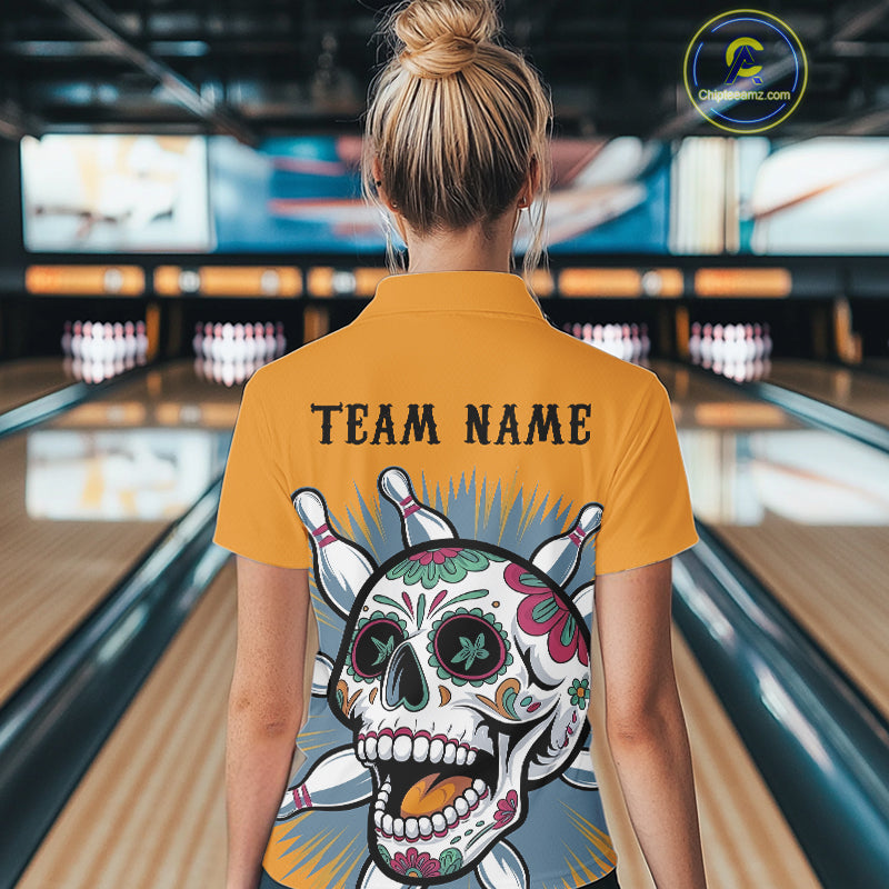 Custom Sugar Skull Bowling Polo Shirts For Women, Halloween Bowling Team Outfit IPHW9253