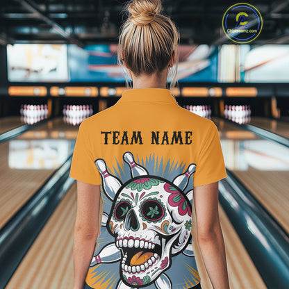 Custom Sugar Skull Bowling Polo Shirts For Women, Halloween Bowling Team Outfit IPHW9253