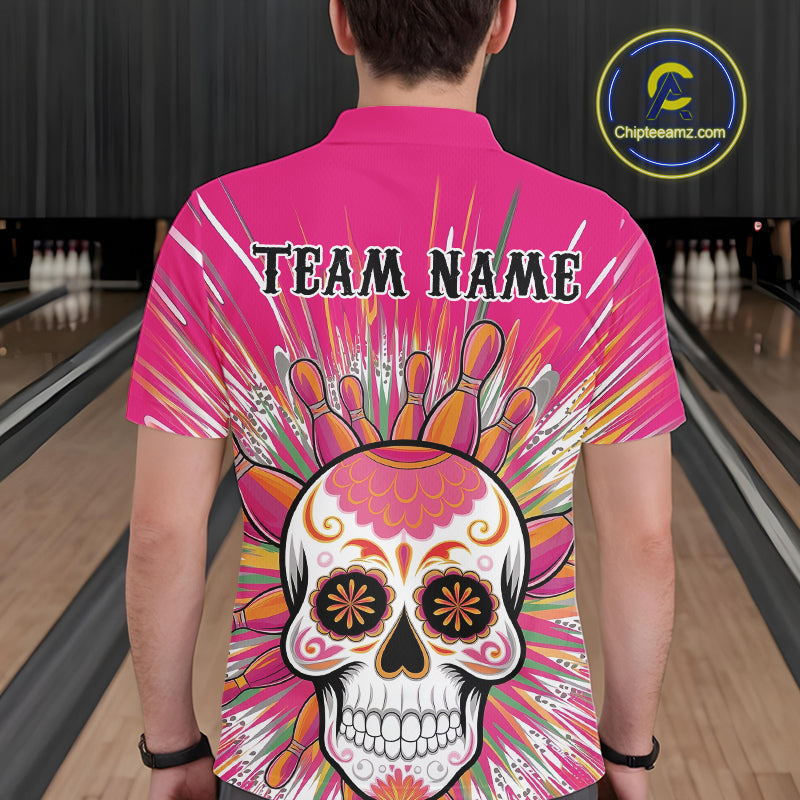 Custom Pink Sugar Skull Bowling Team Polo Shirts For Men, Halloween Bowlers Outfit IPHW9254