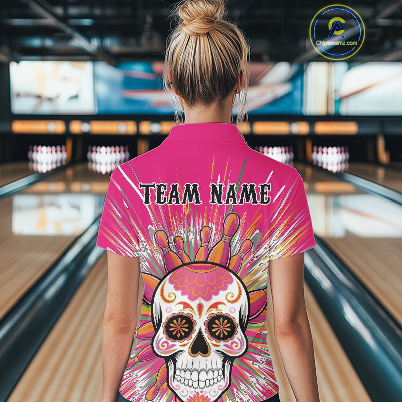 Custom Pink Sugar Skull Bowling Team Polo Shirts For Women, Halloween Bowlers Outfit IPHW9254