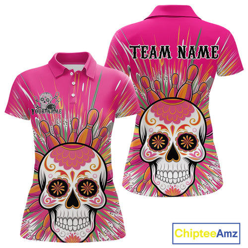 Custom Pink Sugar Skull Bowling Team Polo Shirts For Women, Halloween Bowlers Outfit IPHW9254