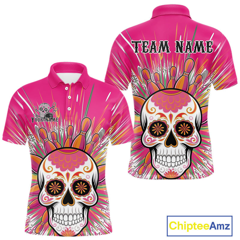 Custom Pink Sugar Skull Bowling Team Polo Shirts For Men, Halloween Bowlers Outfit IPHW9254