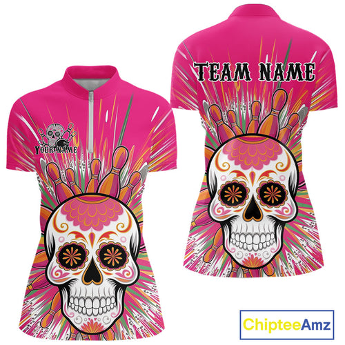 Custom Pink Sugar Skull Bowling Team Women Quarter-Zip Shirt, Halloween Bowlers Outfit IPHW9254