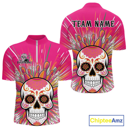Custom Pink Sugar Skull Bowling Team Quarter-Zip Shirts For Men, Halloween Bowlers Outfit IPHW9254