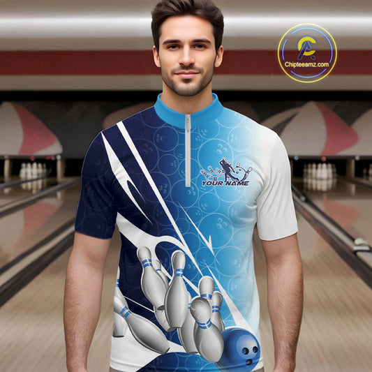 Custom Blue Bowling Pattern Bowling Team Quarter-Zip Shirts For Men, Blue Bowling Jerseys IPHW9426