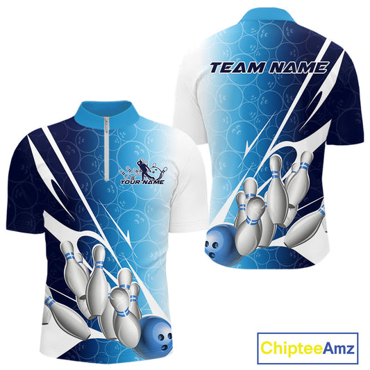 Custom Blue Bowling Pattern Bowling Team Quarter-Zip Shirts For Men, Blue Bowling Jerseys IPHW9426