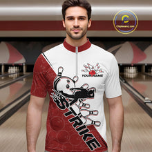 Load image into Gallery viewer, Cusom Red Strike Bowling Team Quarter-Zip Shirts For Men, Bowling League Shirt Bowlers Outfit IPHW9259