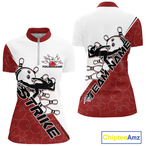 Cusom Red Strike Bowling Team Women Quarter-Zip Shirt, Bowling League Shirt Bowler Outfit IPHW9259