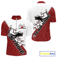 Load image into Gallery viewer, Cusom Red Strike Bowling Team Quarter-Zip Shirts For Men, Bowling League Shirt Bowlers Outfit IPHW9259