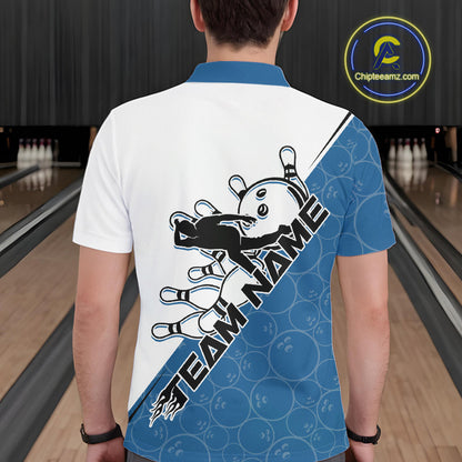 Cusom Blue Strike Bowling Team Polo Shirts For Men, Bowling League Shirt Bowlers Outfit IPHW9260