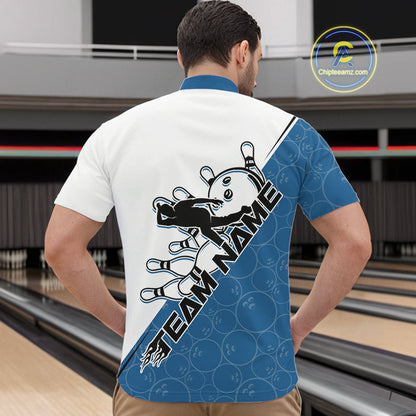 Cusom Blue Strike Bowling Team Quarter-Zip Shirts For Men, Bowling League Shirt Bowlers Outfit IPHW9260