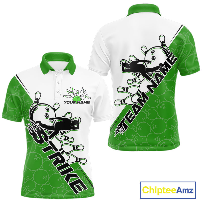 Cusom Green Strike Bowling Team Polo Shirts For Men, Bowling League Shirt Bowlers Outfit IPHW9261