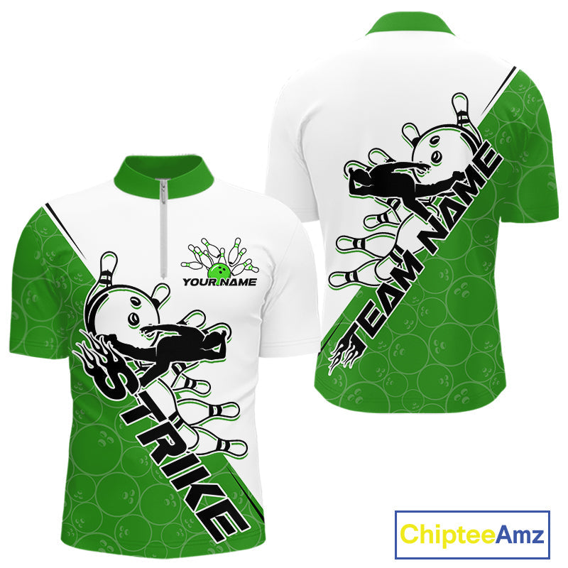 Cusom Green Strike Bowling Team Quarter-Zip Shirts For Men, Bowling League Shirt Bowlers Outfit IPHW9261