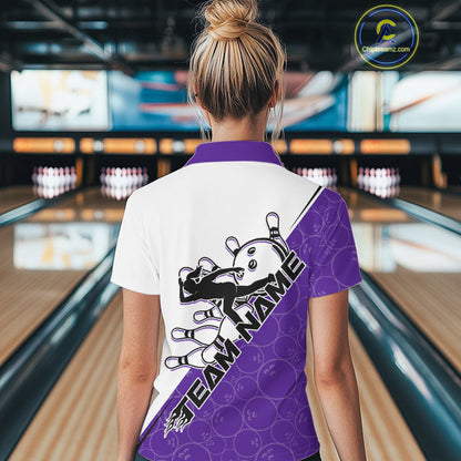 Cusom Purple Strike Bowling Team Women Polo Shirts, Bowling League Shirt Bowlers Outfit IPHW9262