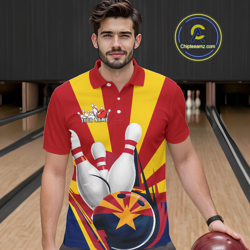 Custom Arizona Flag Bowling Polo Shirts For Men, Bowling Tournament Shirt IPHW9264