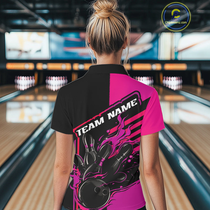 Custom Black And Pink Flame Strike Bowling Polo Shirts For Women, Bowling League Shirt IPHW9269
