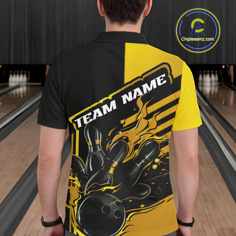 Custom Black And Gold Flame Strike Bowling Polo Shirts For Men, Fire Bowling League Shirt IPHW9270