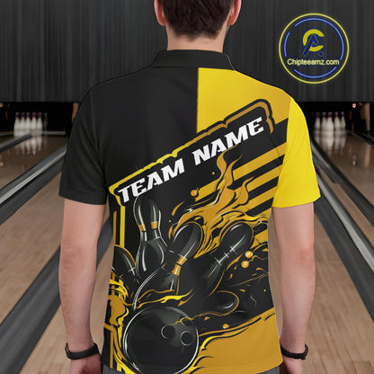 Custom Black And Gold Flame Strike Bowling Polo Shirts For Men, Fire Bowling League Shirt IPHW9270