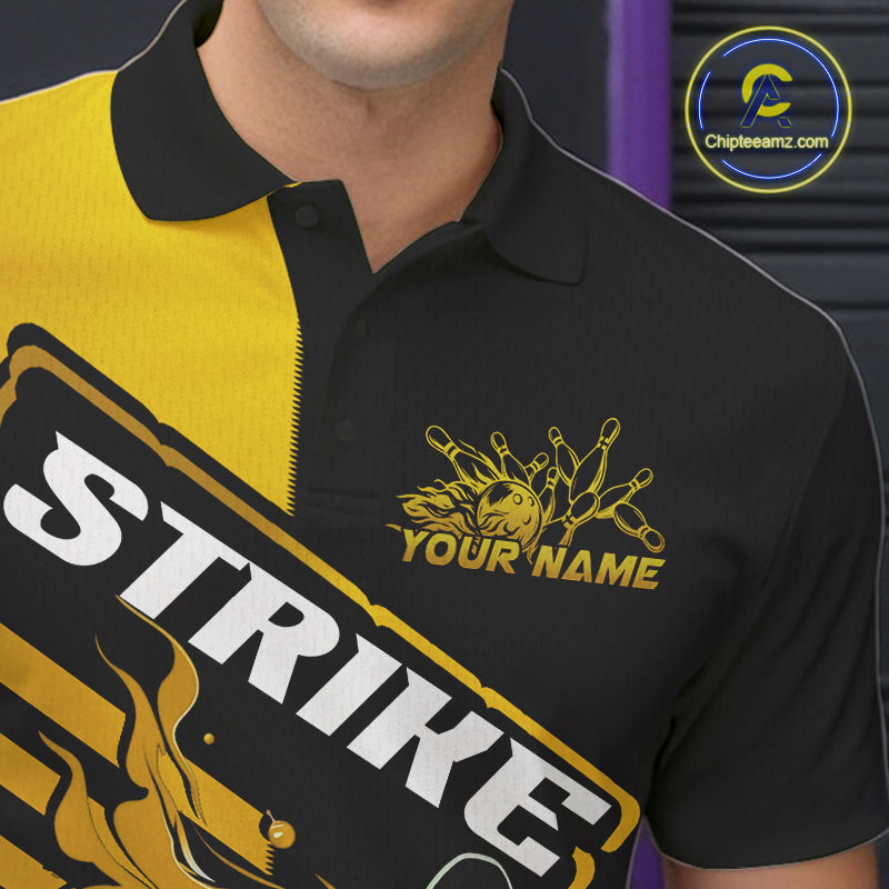 Custom Black And Gold Flame Strike Bowling Polo Shirts For Men, Fire Bowling League Shirt IPHW9270