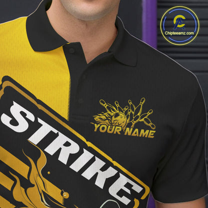 Custom Black And Gold Flame Strike Bowling Polo Shirts For Men, Fire Bowling League Shirt IPHW9270