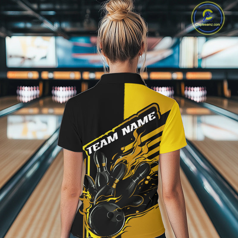 Custom Black And Gold Flame Strike Bowling Women Quarter-Zip Shirt, Bowling League Shirt IPHW9270