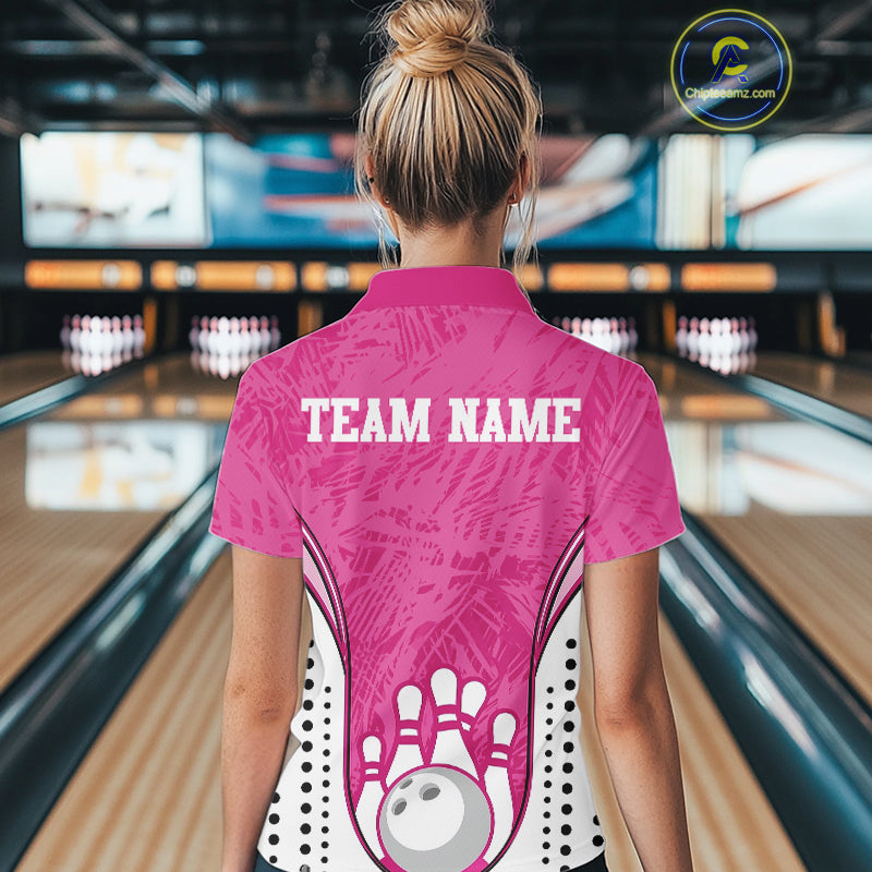 Custom Pink Camo Bowling Team Polo Shirts For Women, Bowling Jerseys Bowler Outfit IPHW9596