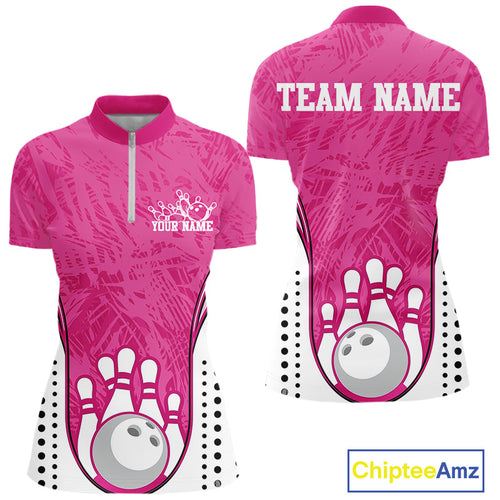 Custom Pink Camo Bowling Team Quarter-Zip Shirts For Women, Bowling Jerseys Bowler Outfit IPHW9596