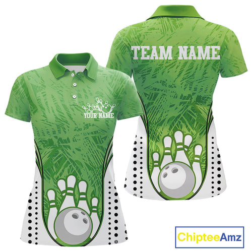 Custom Green Camo Bowling Team Polo Shirts For Women, Bowling Jerseys Bowler Outfit IPHW9597
