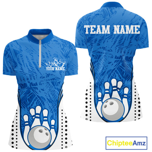Custom Blue Camo Bowling Team Quarter-Zip Shirts For Women, Bowling Jerseys Bowler Outfit IPHW9598