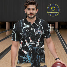 Load image into Gallery viewer, Custom Blue Thunder Lightning Grim Reaper Bowling Men Polo Shirt, Halloween Bowling Outfit IPHW9796