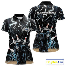 Load image into Gallery viewer, Custom Blue Thunder Lightning Grim Reaper Bowling Women Polo Shirt, Halloween Outfit IPHW9796
