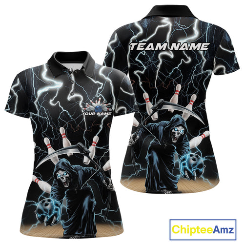 Custom Blue Thunder Lightning Grim Reaper Bowling Women Polo Shirt, Halloween Outfit IPHW9796