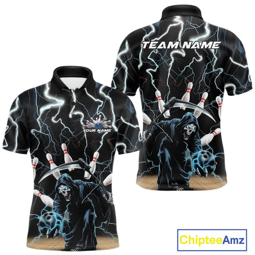Custom Blue Thunder Lightning Grim Reaper Bowling Men Polo Shirt, Halloween Bowling Outfit IPHW9796