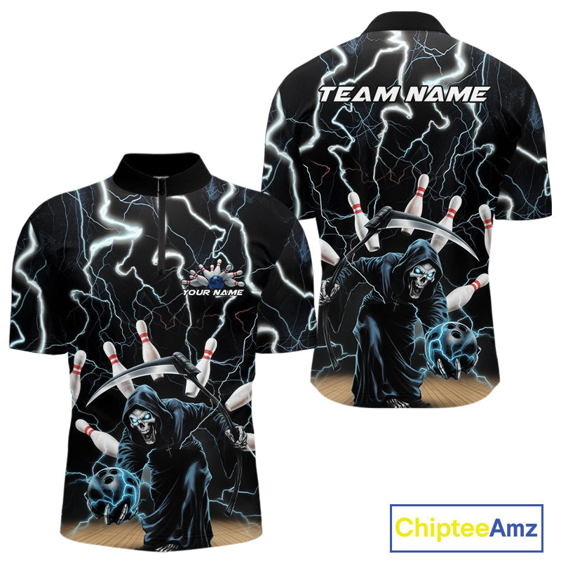 Custom Blue Thunder Lightning Grim Reaper Bowling Men Quarter-Zip Shirt, Halloween Bowling Outfit IPHW9796