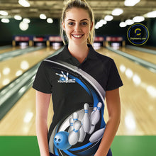 Load image into Gallery viewer, Custom Black Blue Bowling Team Jerseys, Bowler Uniform Bowling Polo Shirts For Women IPHW9277