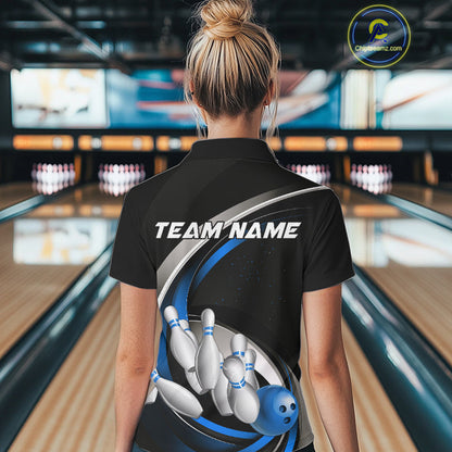 Custom Black Blue Bowling Team Jerseys, Bowler Uniform Bowling Polo Shirts For Women IPHW9277