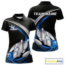 Load image into Gallery viewer, Custom Black Blue Bowling Team Jerseys, Bowler Uniform Bowling Polo Shirts For Women IPHW9277