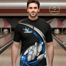 Load image into Gallery viewer, Custom Black Blue Bowling Team Jerseys, Bowler Uniform Bowling Quarter-Zip Shirts For Men IPHW9277