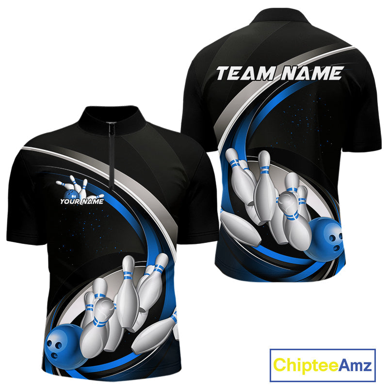 Custom Black Blue Bowling Team Jerseys, Bowler Uniform Bowling Quarter-Zip Shirts For Men IPHW9277