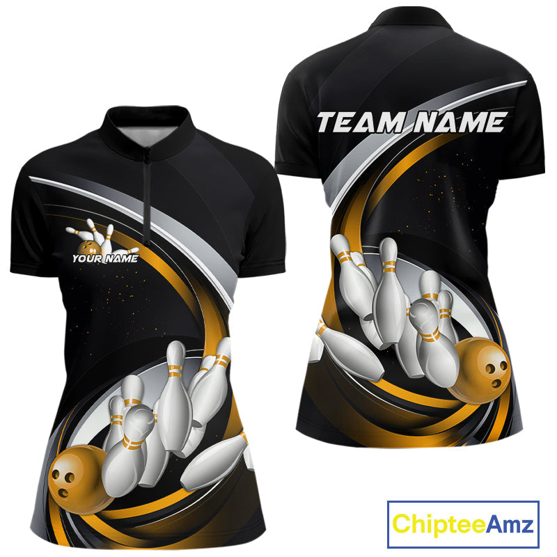 Custom Black Yellow Bowling Team Jerseys, Bowler Uniform Bowling Women Quarter-Zip Shirts IPHW9278
