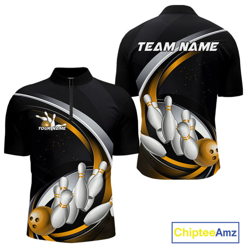 Custom Black Yellow Bowling Team Jerseys, Bowler Uniform Bowling Quarter-Zip Shirts For Men IPHW9278